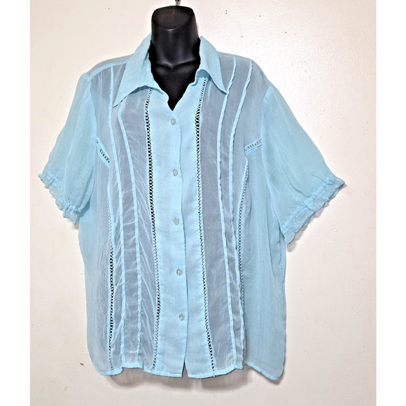 Dressbarn Pastel Blue Sheer Blouse Top Sz 3X 22/24 Short Sleeves Button Up - Picture 1 of 16